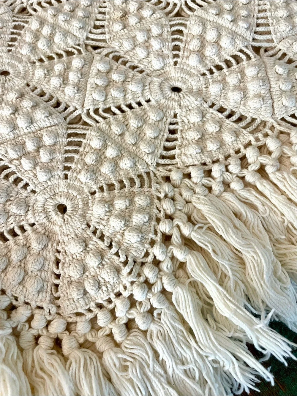 Vintage White Cotton Handmade Star & Popcorn Fringe Crochet Bedspread